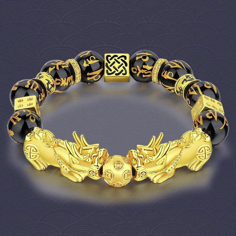 Mythstone FengShui Double PiXiu Obsidian Om Mani Padme Hum Wealth Bracelet