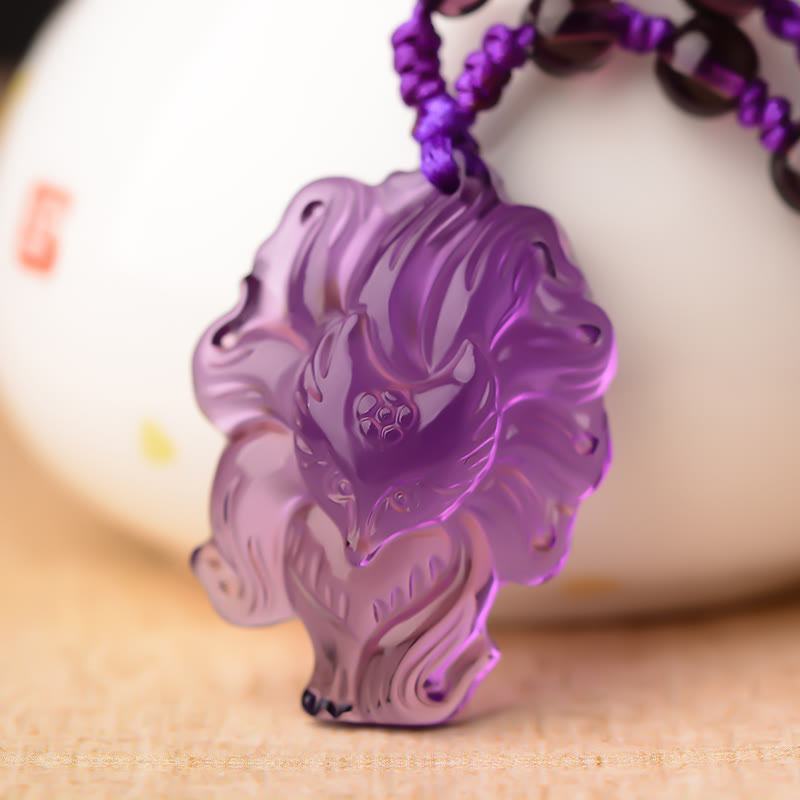 Mythstone Natural Amethyst White Crystal Citrine Nine Tailed Fox Luck Necklace Pendant