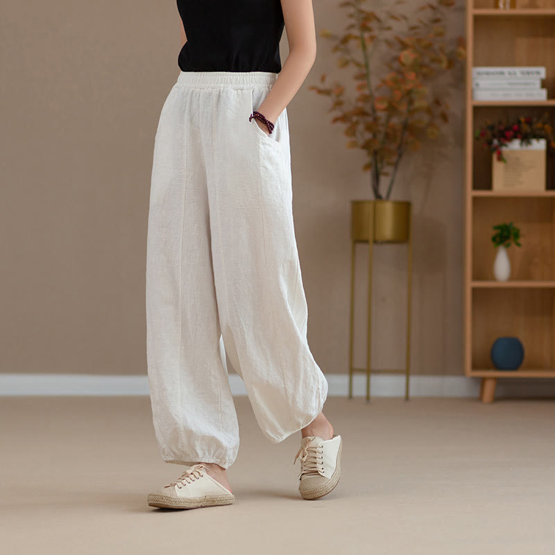 Mythstone Ramie Linen Flexible Waistband Yoga Harem Pants With Pockets