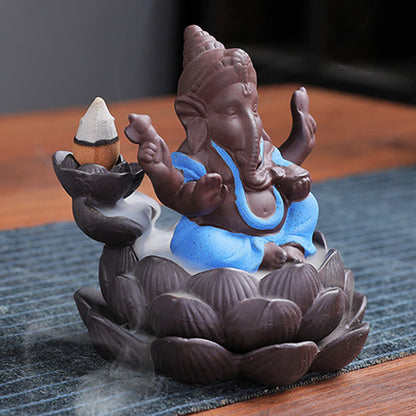 Mythstone Ganesh Elephant Purple Clay Backflow Smoke Fountain Protection Incense Burner