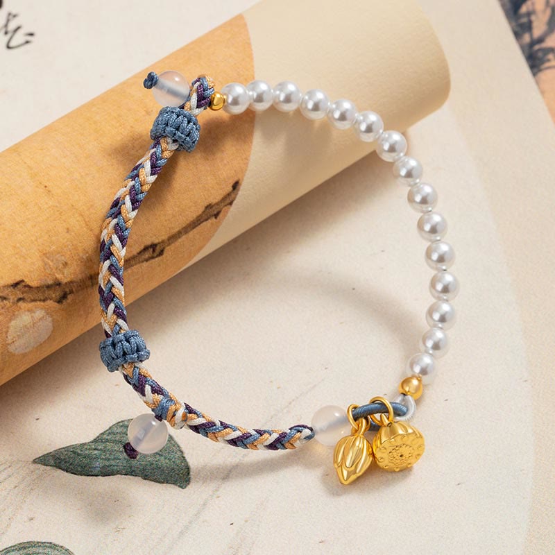 Mythstone 925 Sterling Silver Lotus Pearl Colorful Rope Chalcedony Prosperity Bracelet