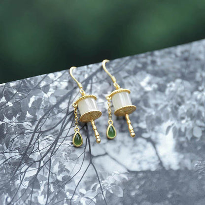 Mythstone 925 Sterling Silver Jade Prayer Wheel Luck Drop Earrings