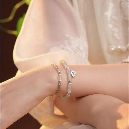 Pulsera de plata de ley 925 con amuleto de la suerte de bambú y jade Tianshan natural de Mythstone 