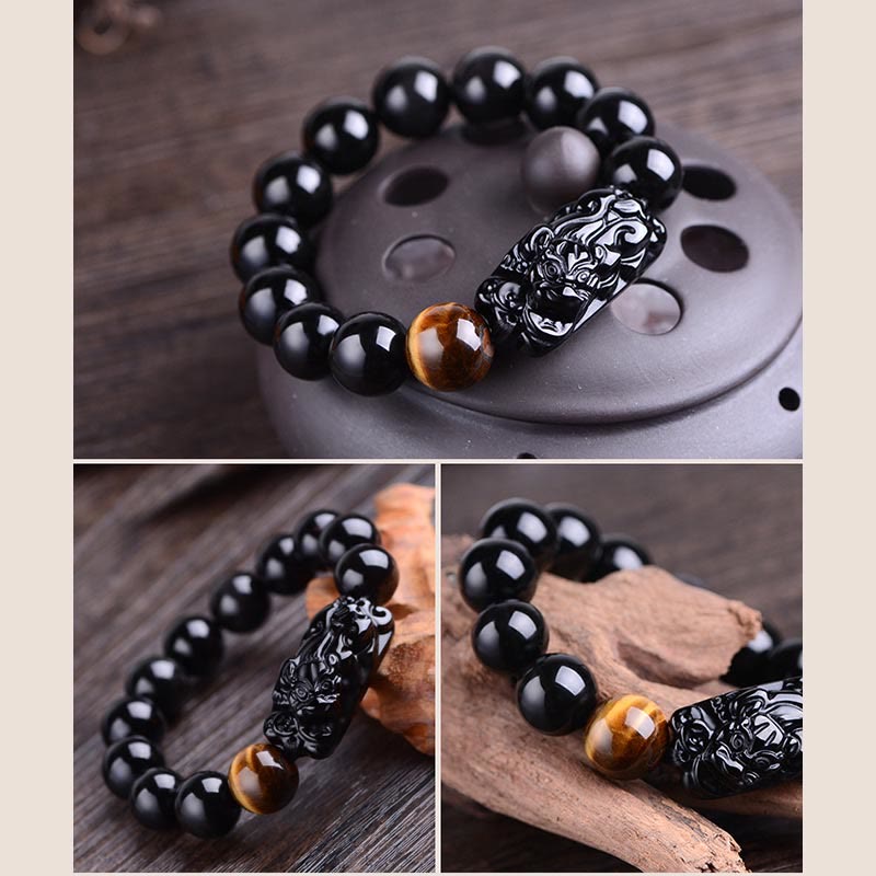 Pulsera de fuerza de ojo de tigre PiXiu con obsidiana negra natural Mythstone 