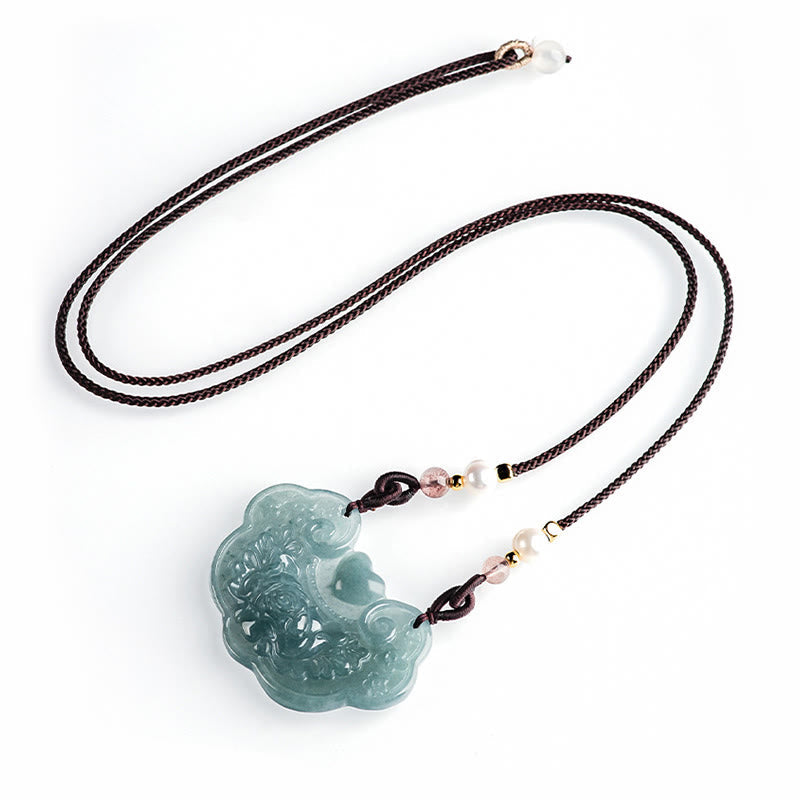 Colgante de collar con candado de buenos deseos y prosperidad con flor de peonía de jade natural Mythstone