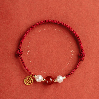 Mythstone 925 Sterling Silver Good Fortune Fu Character Agate Pearl Red String Braid Bracelet