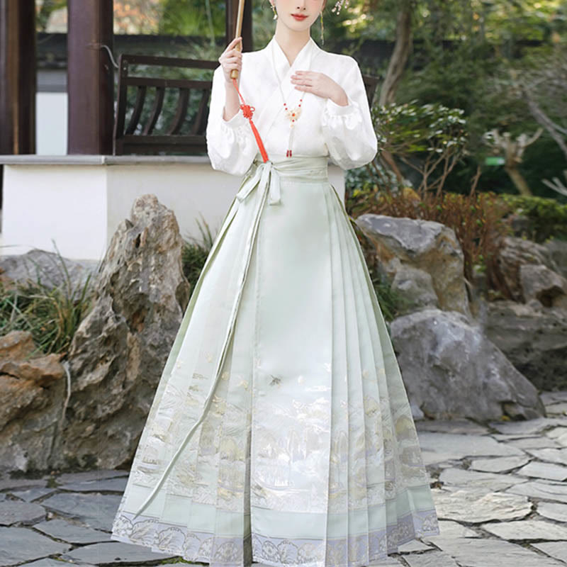 Mythstone Long Sleeve T-Shirt Top Tee Chinese Hanfu Flowers Horse Face Skirt Mamianqun