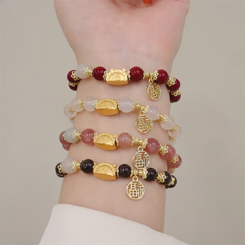 Mythstone Year Of The Dragon Red Agate Strawberry Quartz Black obsidian Jade Garnet Pearl Cinnabar Dumpling Dragon Luck Fu Character Bracelet