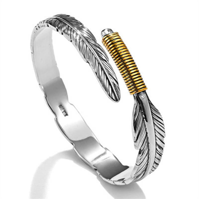 Mythstone Feather Pattern Engraved Luck Cuff Bracelet Bangle