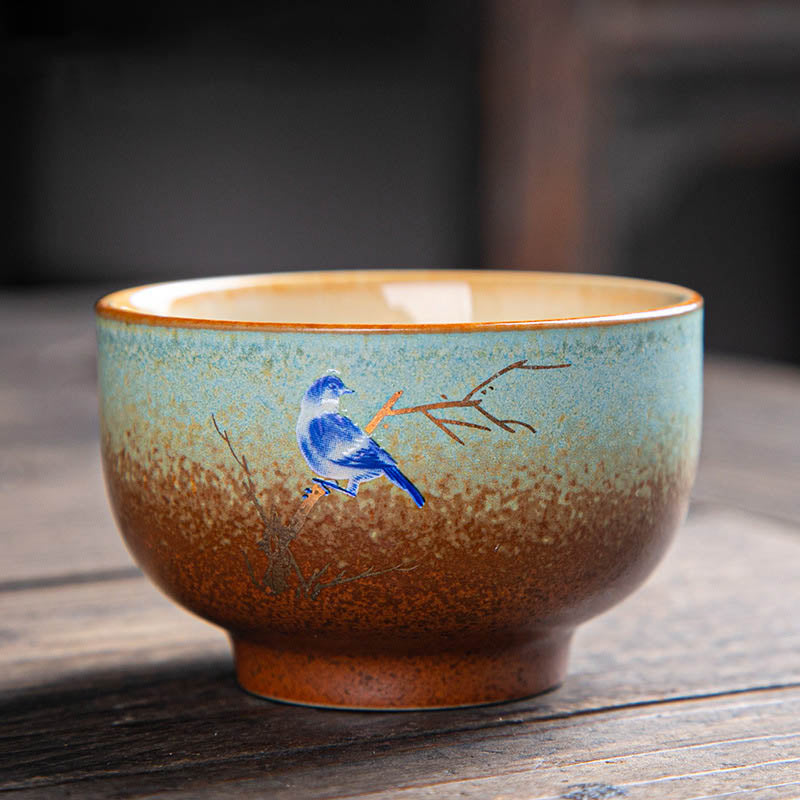 Mythstone Colorful Deer Pipa Snow Plum Blossoms Mountains Rivers Bird Ceramic Teacup Kung Fu Tea Cup Bowl