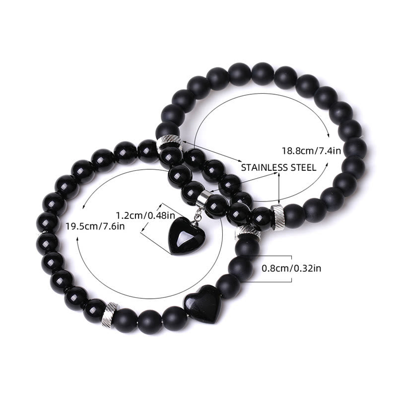 Mythstone 2Pcs Black Onyx Crystal Stone Love Heart Protection Support Couple Bracelet