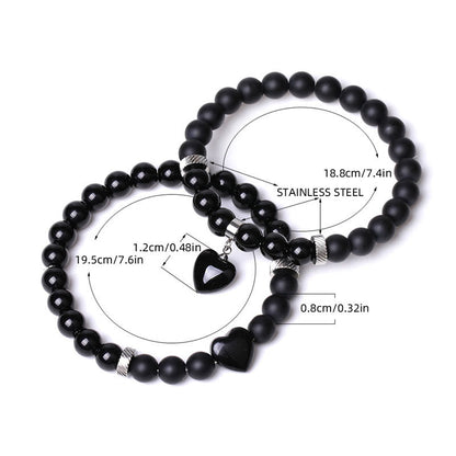 Mythstone 2Pcs Black Onyx Crystal Stone Love Heart Protection Support Couple Bracelet