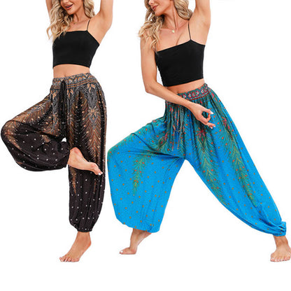 Mythstone Peacock Feather Pattern Loose Harem Trousers Women's Yoga Pants