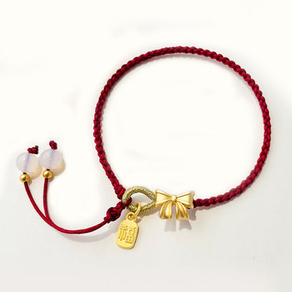 Mythstone Handmade Peach Blossom Rosette Bow Knot Fu Character Charm Luck Fortune Red Rope Bracelet