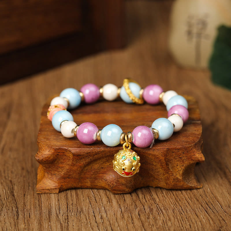 Pulsera de protección con cuentas de porcelana y ceniza de incienso de cristal de Liuli con cabeza de león y conejo, diosa de la riqueza tibetana Zakiram