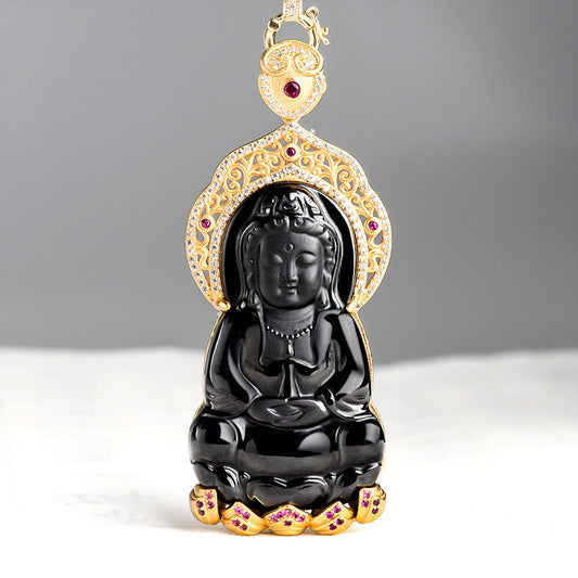 Mythstone 925 Sterling Silver Natural Black Jade Kwan Yin Avalokitesvara Wealth Necklace Pendant