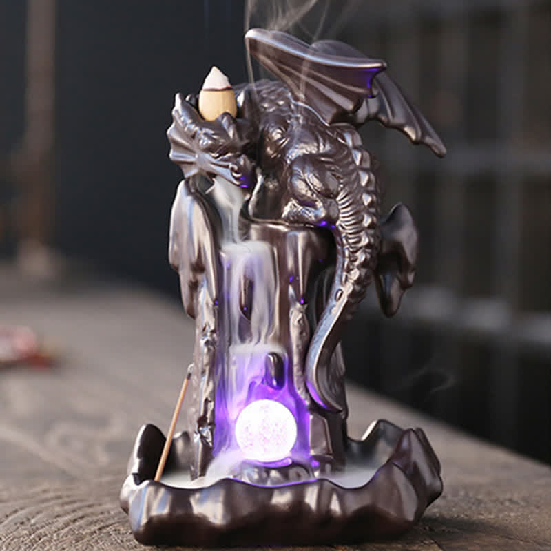 Mythstone Nordic Dragon Ceramic Backflow Smoke Fountain Meditation Healing Incense Burner Led Ball Decoration