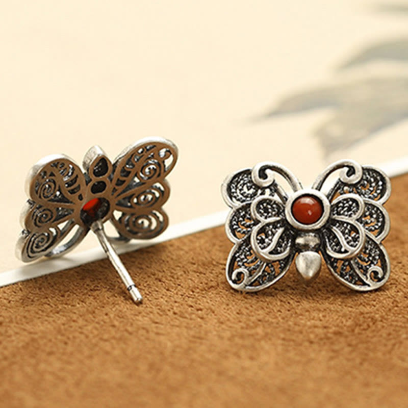 Mythstone 925 Sterling Silver Red Agate Butterfly Self-acceptance Ring Earrings Set