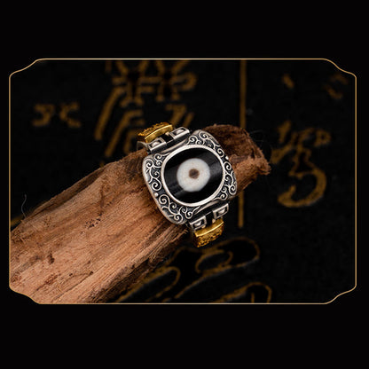 Mythstone 925 Sterling Silver Zakiram Goddess of Wealth Design Dzi Bead Protection Ring