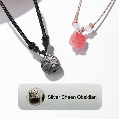 Mythstone Natural Silver Sheen Obsidian Red Agate Dancing Lion Protection Necklace Pendant