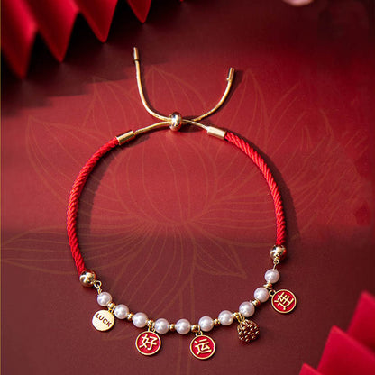 Mythstone Good Luck Pearl Lotus Charm Braided Red Rope Bracelet