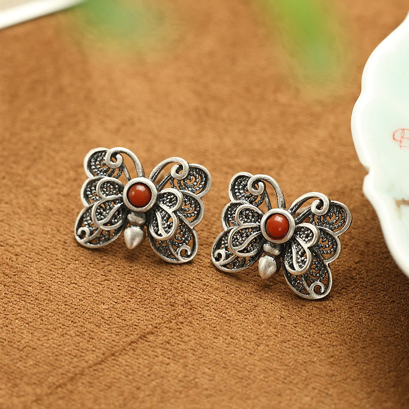 Mythstone 925 Sterling Silver Red Agate Butterfly Self-acceptance Ring Earrings Set