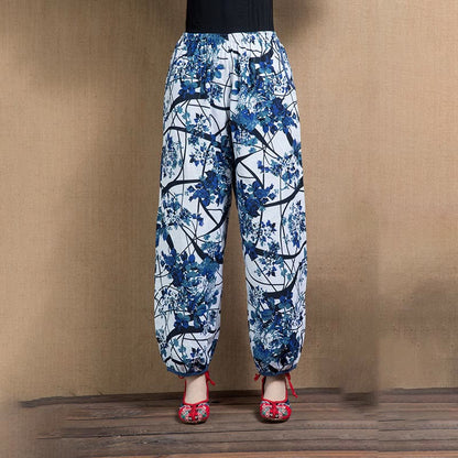 Mythstone Blue Tree Flowers Print Harem Pants With Pockets