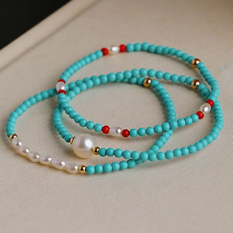 Mythstone Turquoise Red Agate Pearl Small Beaded Protection Bracelet