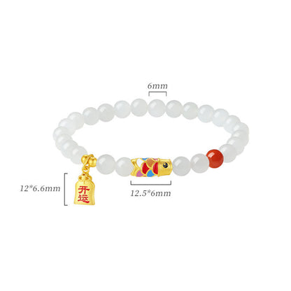 Pulsera de plata de ley 925 con diseño de pez koi, jade blanco hetiano, ágata roja y suerte