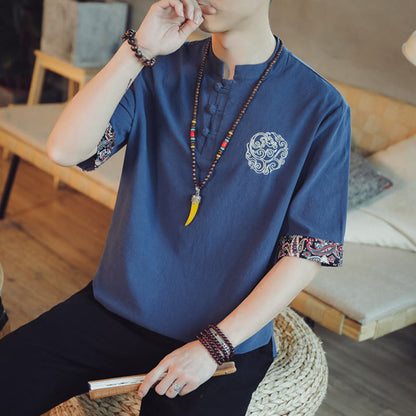 Mythstone Frog-Button Dragon Embroidery Chinese Tang Suit Short Sleeve Shirt Linen Men Clothing