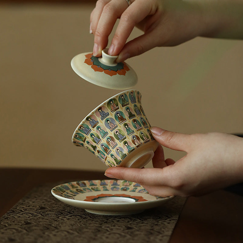 Taza de té de kung fu Gaiwan con tapa y diseño de apsaras voladoras de mil budas de Mythstone Dunhuang