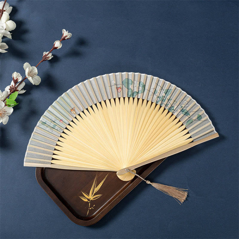 Mythstone Lotus Begonia Flower Jasmine Handheld Bamboo Folding Fan 21cm