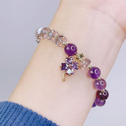 Mythstone Amethyst Crystal Four Leaf Clover Healing Charm Bracelet