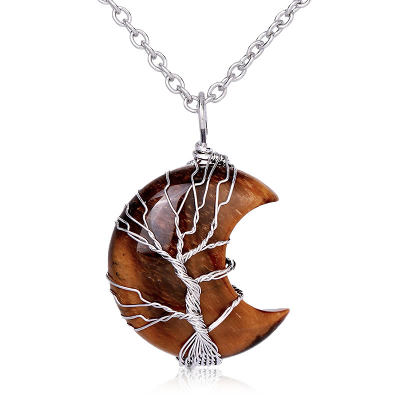 Mythstone Natural Quartz Crystal Moon Tree Of Life Healing Energy Necklace Pendant