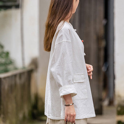 Camisa de manga larga con diseño retro zen de Mythstone, chaqueta de lino ramio con bolsillos 