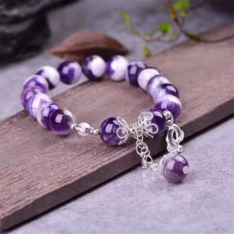 MythStone 925 Sterling Silver Natural Amethyst Healing Feet Love Heart Charm Bracelet