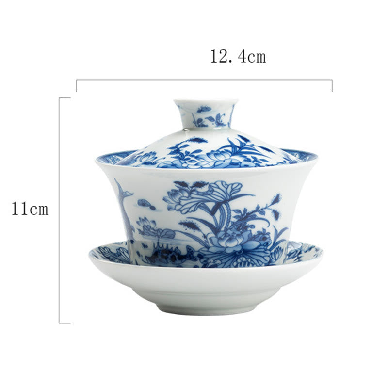 Mythstone Blue And White Porcelain Lotus Koi Fish Lion Dance Watermelon Ceramic Gaiwan Sancai Teacup Kung Fu Tea Cup And Saucer With Lid 300ml