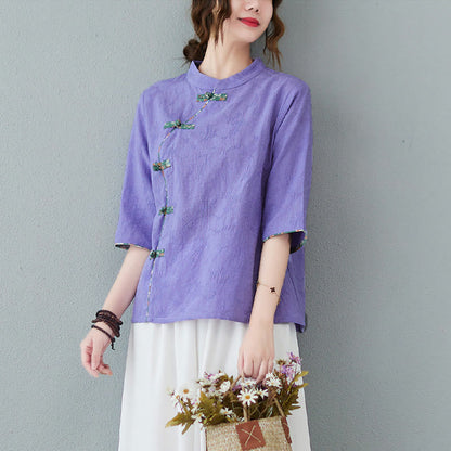 Mythstone Floral Pattern Frog-Button Half Sleeve Cotton Linen Shirt