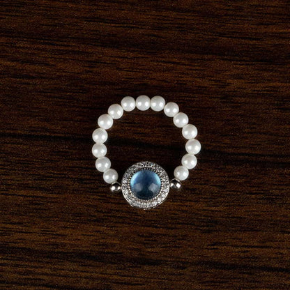 Mythstone 925 Sterling Silver Pearl Blue Chalcedony Healing Chain Bracelet Ring