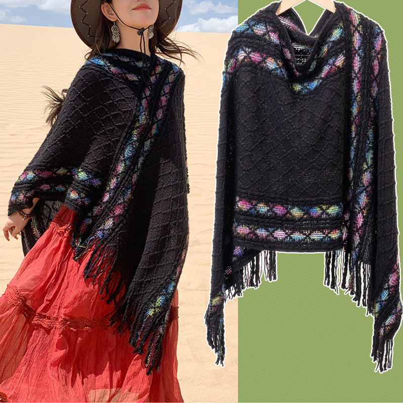 Mythstone Tibetan Colorful Striped Rhombus Pattern Shawl Tassels Pullover Winter Cozy Travel Scarf Wrap