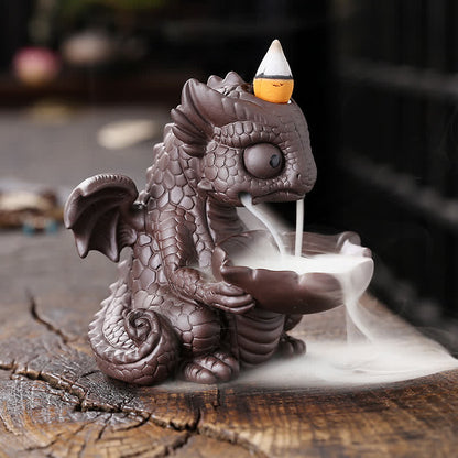 Mythstone Lovely Dinosaur Purple Clay Backflow Smoke Fountain Healing Incense Burner Decoration