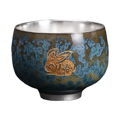 Mythstone 999 Gilt Silver Gilt Chinese Zodiac Ceramic Teacup Kung Fu Tea Cup 160ml