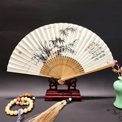 Mythstone A Panorama Of Rivers And Mountains Cranes Orchid Flower Paper Bamboo Handheld Silk Bamboo Folding Fan 22cm