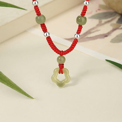 Mythstone 925 Sterling Silver Natural Hetian Cyan Jade Flower Pentagram Luck Red Rope Necklace Pendant Bracelet Set