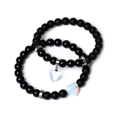 Mythstone 2Pcs Black Onyx Crystal Stone Love Heart Protection Support Couple Bracelet