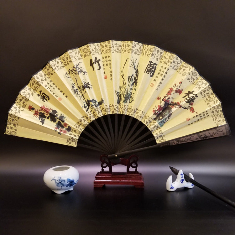 Mythstone Great Wall Mountains Trees Crane Bamboo Handheld Silk Bamboo Folding Fan 33.5cm