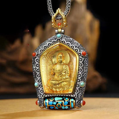 Mythstone Tibet Chinese Zodiac Natal Buddha Thangka Prosperity Rotatable Dzi Bead Necklace Pendant