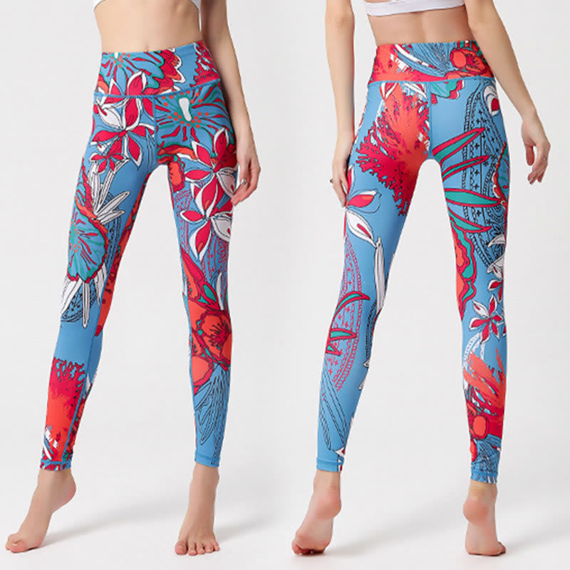 Mythstone Colorful Flower Petal Leaves Print Sports Exercise Fitness High Waist Leggings Women's Yoga Pants