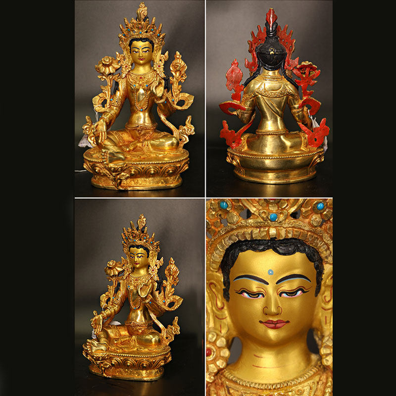 Mythstone Bodhisattva Tara Chenrezig Four-armed Avalokitesvara Protection Copper Gold Plated Statue Decoration