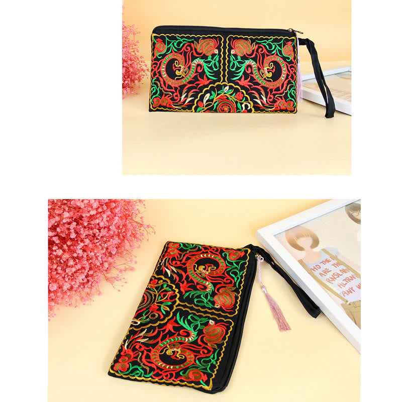 Mythstone Dragon Butterfly Cosmos Flower Embroidery Wallet Shopping Purse